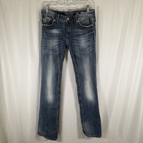 Miss Me Irene Boot Jeans 30 Medium Wash Low Rise Cotton Blend Distressed - Picture 1 of 14